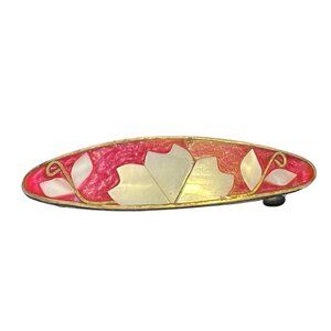 Vintage inlaid barrette silver mother of pearl floral pink embedded shell 70's